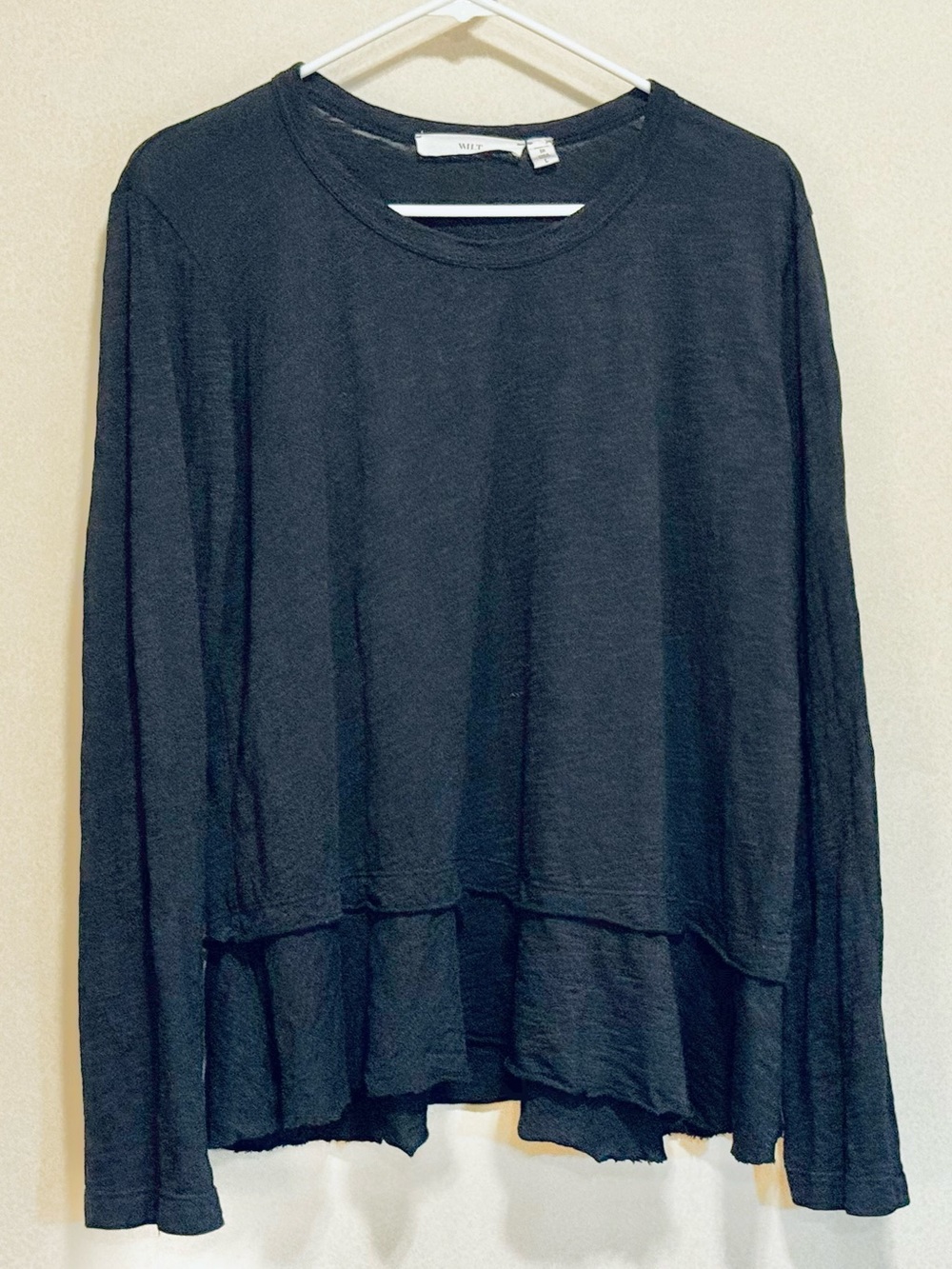 Wilt Dark Black Long-Sleeve Tee with Pieced Flounce Hem, Size L, NWOT